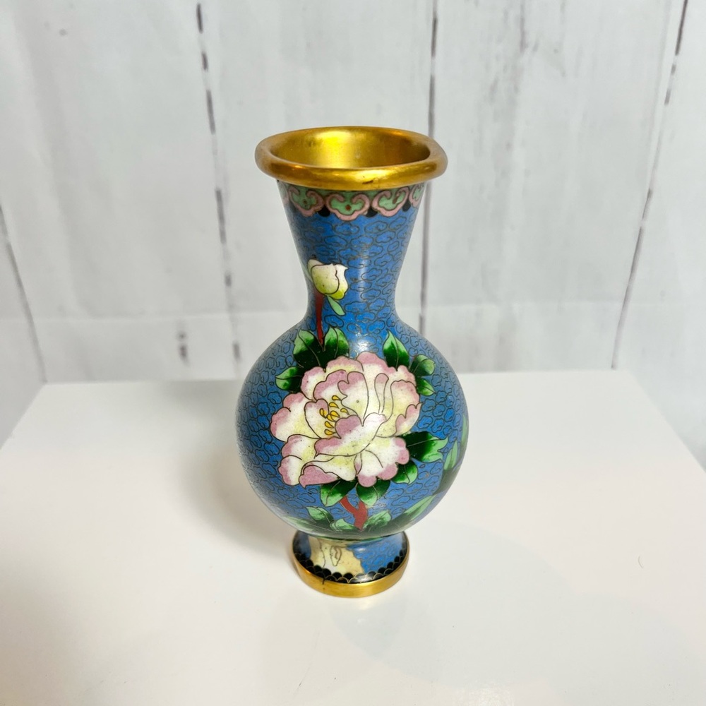 VTG Asian Cloisonne Vase Peony Floral Blue Gold Home Decor